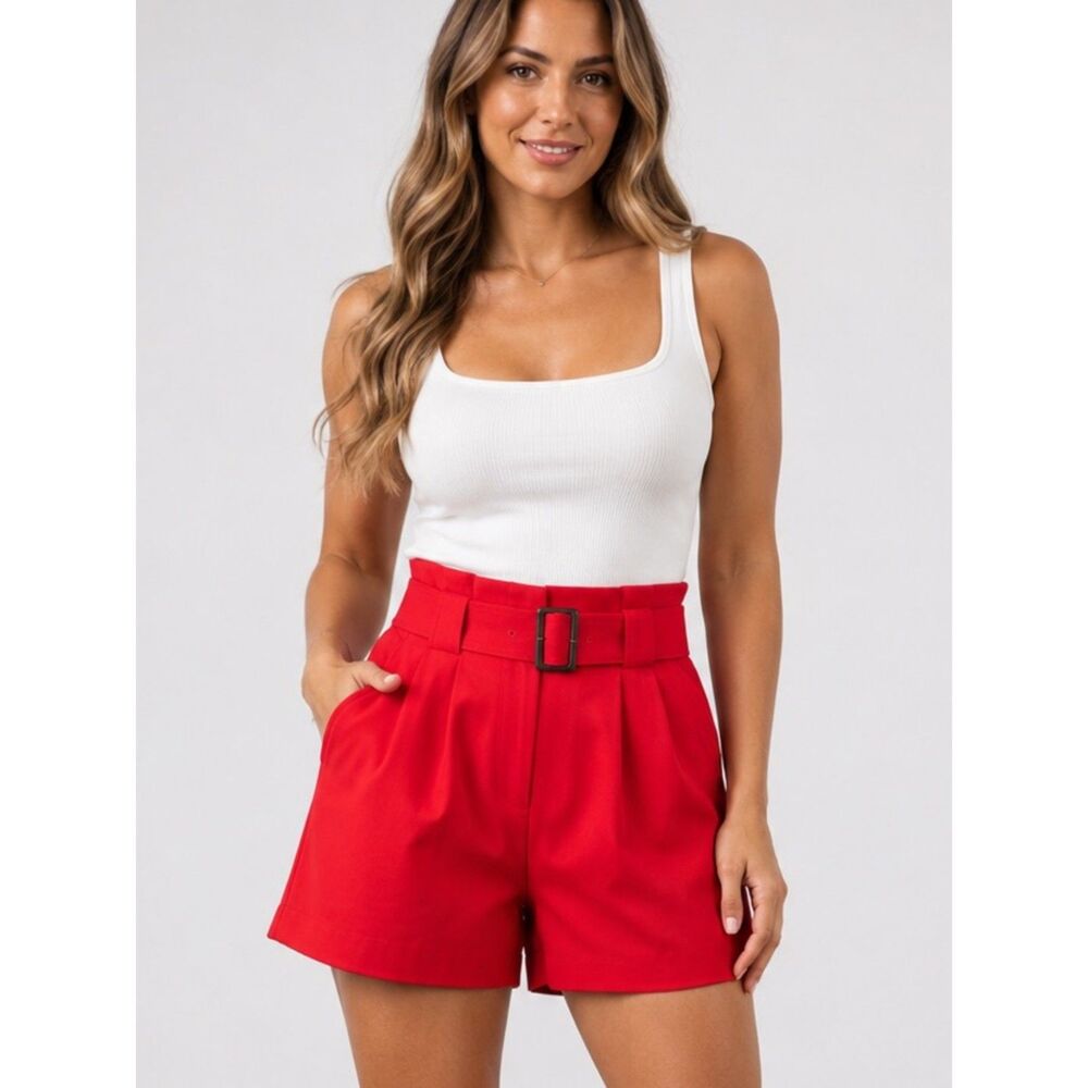 SOLID & STRIPED The Talia Linen Cotton Belt High Rise Short Poppy Red Size Small